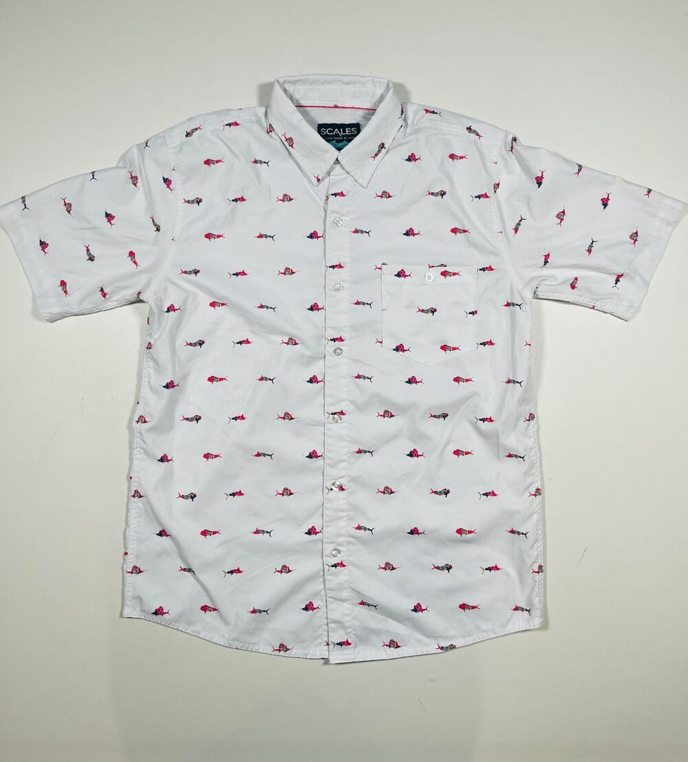 Scales Shirt Mens Medium White Fish Print Vented Button Up Fishing Outdoor